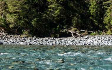 Yeni Zelanda 'daki berrak mavi buzullu dağ nehri yatay