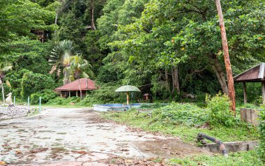 Abandones tropical resort theme park in a jungle forest creepy scary malaysia MY clipart