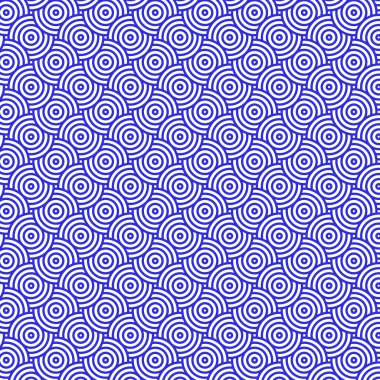 Üst üste binen daireler deseni. Mavi ve beyaz kesişen dairelerin vektör arkaplanı. Japon dairesel dalga deseni.