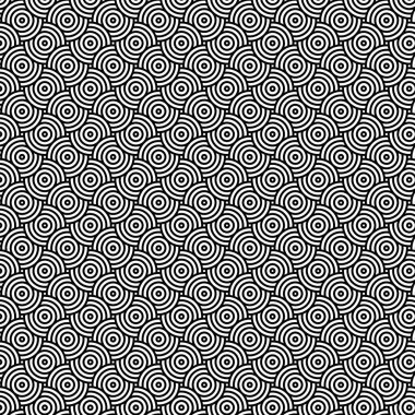 Üst üste binen daireler deseni. Siyah ve beyaz çakışan dairelerin vektör arkaplanı. Japon dairesel dalga deseni.