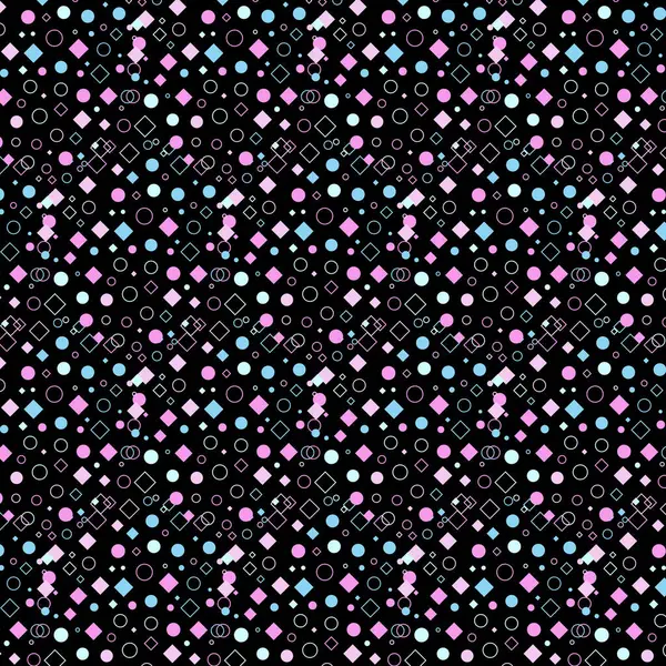 Yoğun, serpilmiş geometrik desen siyah arkaplan üzerinde. Daire, kare ve elmas şekilli, beyaz çizgili, pembe ve açık mavi dolgulu. Modern ve neşeli bir izlenim.