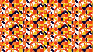 Kırmızı, sarı, mavi ve beyaz karışımlı canlı bir geometrik sanat eseri, neşeli bir orta çağ havası getiriyor..