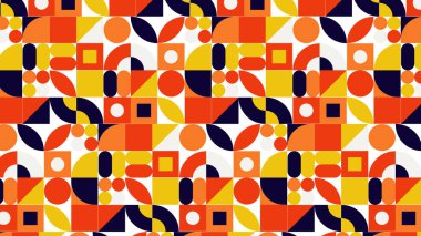 Kırmızı, sarı, mavi ve beyaz karışımlı canlı bir geometrik sanat eseri, neşeli bir orta çağ havası getiriyor..