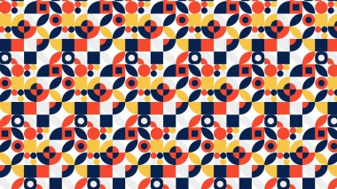 Kırmızı, sarı, mavi ve beyaz karışımlı canlı bir geometrik sanat eseri, neşeli bir orta çağ havası getiriyor..
