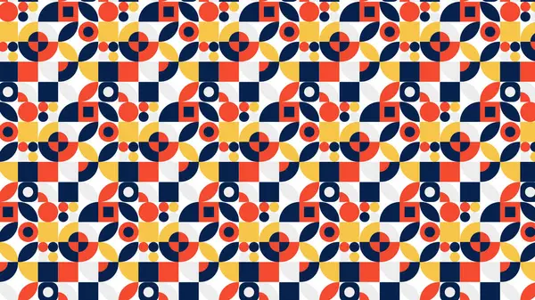 Kırmızı, sarı, mavi ve beyaz karışımlı canlı bir geometrik sanat eseri, neşeli bir orta çağ havası getiriyor..