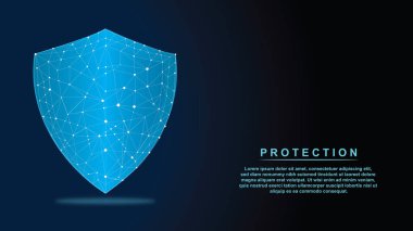 3D parlak parlak düşük çokgen koruma kalkanı sembolü koyu mavi arka planda izole edilmiş. Siber güvenlik. Veri koruma kavramı. Modern kablo tasarım vektör çizimi