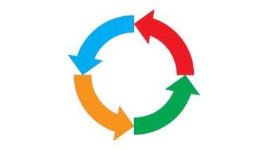 Mavi, kırmızı, yeşil ve turuncu renkli dairesel bir ok bir döngü oluşturur. Bu sembol tekrarlanan bir süreci, sürekliliği veya devam eden iş akışını temsil eder..