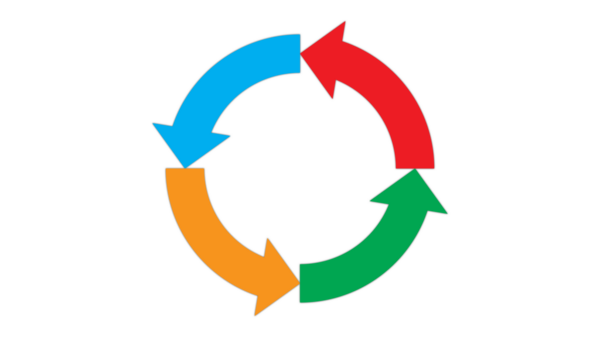 Mavi, kırmızı, yeşil ve turuncu renkli dairesel bir ok bir döngü oluşturur. Bu sembol tekrarlanan bir süreci, sürekliliği veya devam eden iş akışını temsil eder..