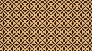 Kahverengi arka planda simetrik olarak sıralanmış koyu eliptik taç yaprakları ve merkezi bir nokta ile kusursuz çiçek deseni, klasik, uyumlu ve dekoratif bir izlenim verir..