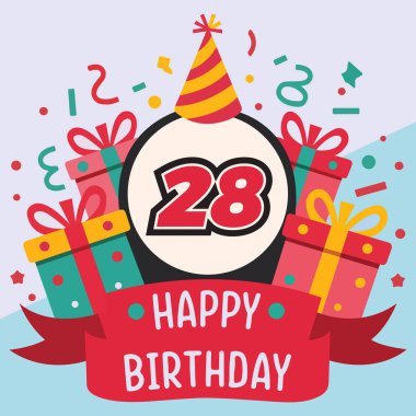 Vibrant and festive 28th birthday illustration with bold number '28' in red and black, party hat, colorful gift boxes, confetti, and 