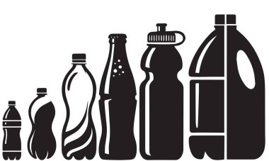 Şişe şekli ikonu seti. İçecek, içecek, alkol silueti. Cam şişe sembolü. Bar, bar konsepti. Bira imgesi etiket tasarımı. Viski, votka, kokteyl, şarap, bira, rom, konyak, martini,