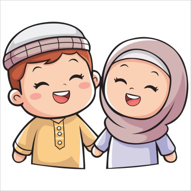 Tatlı müslüman erkek ve kız. Mutlu Ramazanlar, Mutlu Oruç Günleri. Selamat Hari Raya Aidilfitri tebrik kartı çizgi film karakteri.