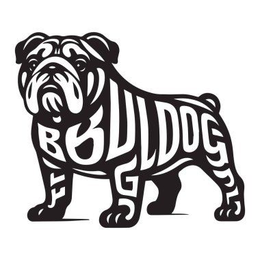 Bull Dog illüstrasyon Vektörü, Dog Breed Typography Siluet Tasarımı, Clipart tasarım sanatının içindeki metin isimli köpek silueti.