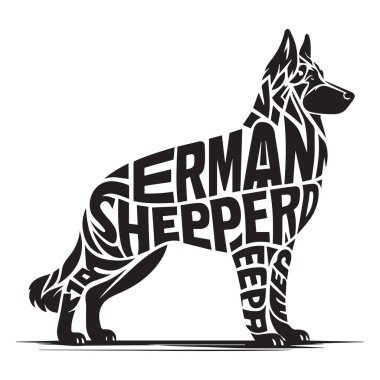 Alman Çoban Köpeği illüstrasyon Vektörü, Köpek Yetiştirme Tipografi Siluet Tasarımı, Clipart tasarım sanatının içinde metin isimli köpek silueti 