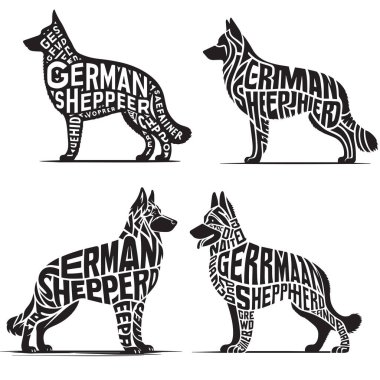 Alman Çoban Köpeği illüstrasyon Vektörü, Köpek Yetiştirme Tipografi Siluet Tasarımı, Clipart tasarım sanatının içinde metin isimli köpek silueti 