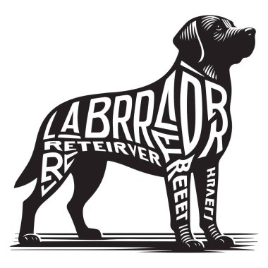  Labrador Retriever Dog illüstrasyon Vektörü, Dog Breed Typography Siluet Tasarımı, Clipart tasarım sanatının içindeki metin isimli köpek silueti