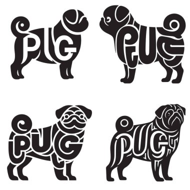 Pug Dog illüstrasyon Vektörü, Dog Breed Typography Siluet Tasarımı, Clipart tasarım sanatının içinde metin isimli köpek silueti.