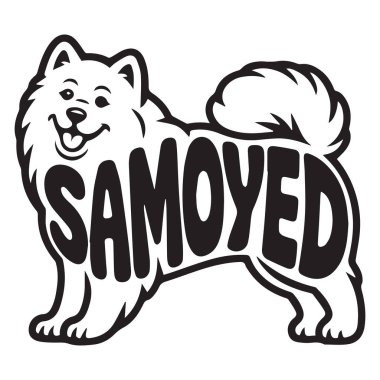 Samoyed Dog illüstrasyon Vektörü, Dog Breed Typography Siluet Tasarımı, Clipart tasarım sanatının içindeki metin isimli köpek silueti