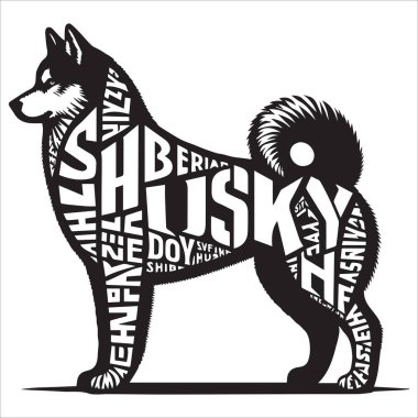 Sibirya Husky Köpek Çizim Vektörü, Köpek Eti Tipografi Siluet Tasarımı, Clipart tasarım sanatının içindeki metin isimli köpek silueti.