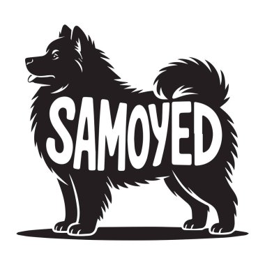 Samoyed Dog illüstrasyon Vektörü, Dog Breed Typography Siluet Tasarımı, Clipart tasarım sanatının içindeki metin isimli köpek silueti.
