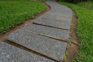 Yol taş levhalarla döşenmiş. Doğanın ortasında, ağaçlar. Parktaki patika