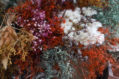 Renkli varyasyonlarla kurumuş çiçek düzenlemeleri, beyaz, turuncu, mor, kahverengi ve yeşil çiçekler