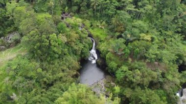 Banyumas Regency, Central Java, Endonezya 'daki Tebela Waterfall' un insansız hava aracı görüntüsü. 18 Kasım 2024 'te bir profesyonel tarafından çekilmiştir. Güzel manzaralı harika bir şelale.