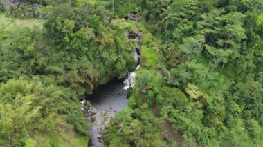 Banyumas Regency, Central Java, Endonezya 'daki Tebela Waterfall' un insansız hava aracı görüntüsü. 18 Kasım 2024 'te bir profesyonel tarafından çekilmiştir. Güzel manzaralı harika bir şelale.