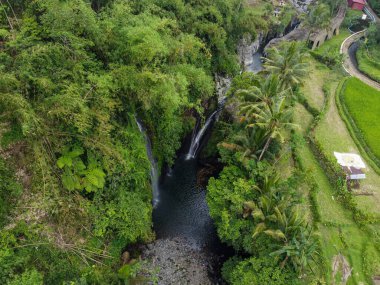 Banyumas Regency, Central Java, Endonezya 'daki Tebela Waterfall' un insansız hava aracı görüntüsü. 18 Kasım 2024 'te bir profesyonel tarafından çekilmiştir. Güzel manzaralı harika bir şelale.