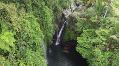 Banyumas Regency, Central Java, Endonezya 'daki Tebela Waterfall' un insansız hava aracı görüntüsü. 18 Kasım 2024 'te bir profesyonel tarafından çekilmiştir. Güzel manzaralı harika bir şelale.