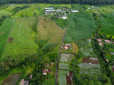 Banyumas Regency, Central Java, Endonezya 'daki Baturaden manzarasının insansız hava aracı görüntüsü. 8 Ocak 2025 'te bir profesyonel tarafından çekilmiştir. Güzel manzaralı harika bir manzara.