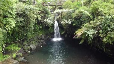 Kanesia Şelalesi, Endonezya, insansız hava aracı 4 Haziran 2025 'te vuruldu. Küçük doğal bir şelale kayaların üzerine dökülüyor, yemyeşil tropikal orman ve hafif sisle çevrili..