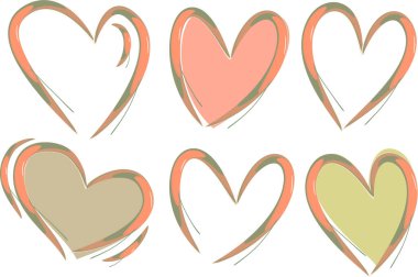 Açık mercan, pembe, yeşil, soyut desenli, karalama kalpler.