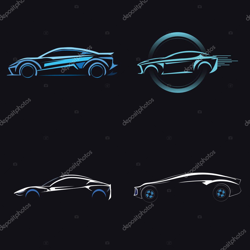 Futuristic Car Silhouettes and Logos in Blue and White