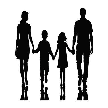 Mutlu Aile Anne ve Çocuklar Dışarıda El ele tutuşup Gülümseyen Siluet