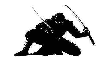 Dinamik ninja savaşçısı iki katana kılıcıyla çömelmiş savaş siluetine hazır.