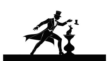 Smokinli ve silindir şapkalı sihirbaz tavşan ve şapka siluetiyle sihirbazlık yapıyor.