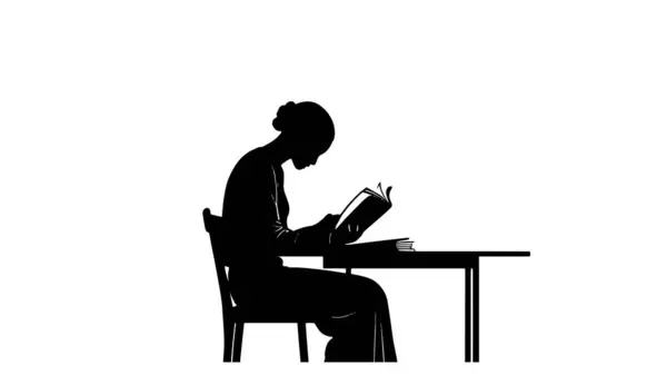 Masada minimalist bir siluet tarzıyla oturmuş kitap okuyan sakin bir kadın.