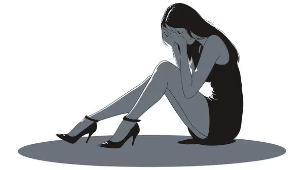 Tek başına oturan kadın, umutsuzluk ve üzüntü dolu minimalist çizim siluetiyle yüzünü kapatıyor.