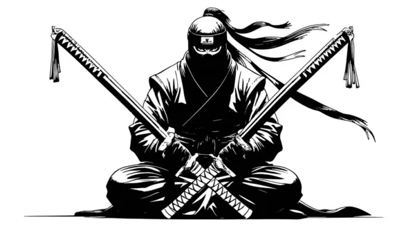 Geleneksel giysiler içinde vahşi bir ninja savaşçısı iki katanayı çarpıcı bir siluet pozuyla bağdaş kurarak oturur.