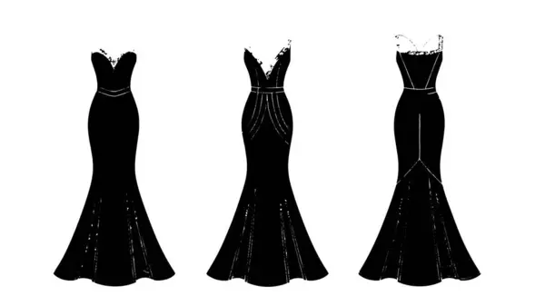 Üç zarif siyah gece elbisesi, balık kuyruğu kenarları ve askısız yaka silueti.