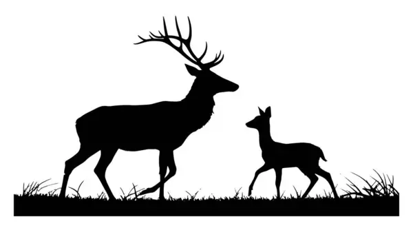 Geyikleri ve boynuzları olan görkemli bir geyik otlak siluetinde birlikte yürüyor.