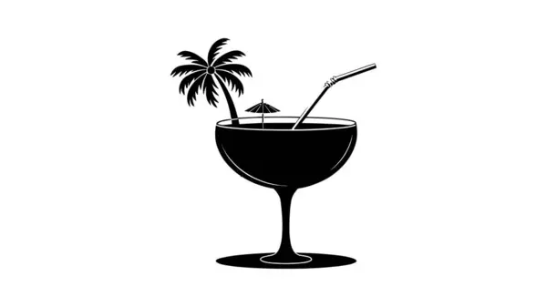 Beyaz arka planda palmiye ağacı ve şemsiye silueti olan tropik bir kokteyl.