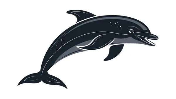 Okyanus siluetinde zıplayan ve gülümseyen neşeli koyu gri yunus.