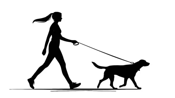 Minimalist siyah siluet tarzında tasmalı bir köpeği gezdiren bir kadın.