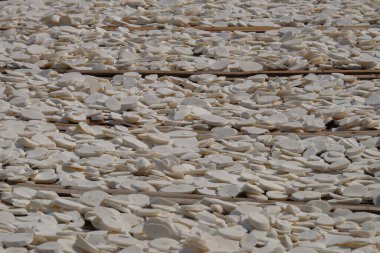Beyaz manyok dilimlerinin soyut desenleri, şekilleri ve dokuları. Güneşte kurutulmuş beyaz manyok dilimleri. Cassava tapyoka ununun yapımında kullanılan bir malzemedir. Pirincin yerine karbonhidrat kaynağı