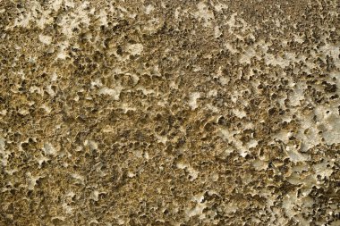 Soyut şekiller, kalıplar ve soyulmuş kireçtaşı yüzeylerinin dokusu. Kireçtaşı kirli görünüyor. Koyu beyaz. Grafik tasarımı veya afiş arkaplanı için soyut