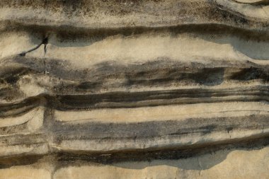 Kireçtaşı yüzeyinin soyut şekilleri, desenleri ve dokuları katmanlanmış gibi görünüyor. Gölün kenarındaki kireçtaşı duvar. Kireç taşının yüzeyindeki doğal süsleme şekilleri. Grafik tasarımı veya afiş arkaplanı için