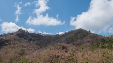 Mavi gökyüzü ve beyaz bulutlardan oluşan kuru ve çorak tepelerin manzarası. Kurak mevsim nedeniyle ağaçlar kurumaya başlıyor.