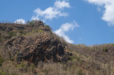 Uçurumun kenarındaki kurumuş bitkiler mavi gökyüzü arka planına karşı. Kurak mevsimde yoğun kayalıkların ve kuru bitkilerin manzarası. Çorak ve sıcak görünüyor.